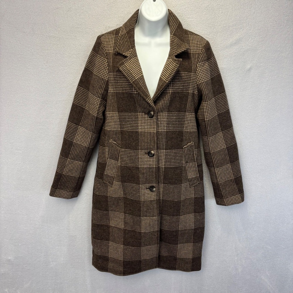 Abercrombie & Fitch Dad Coat Womens Small Brown Houndstooth Plaid Wool Brown